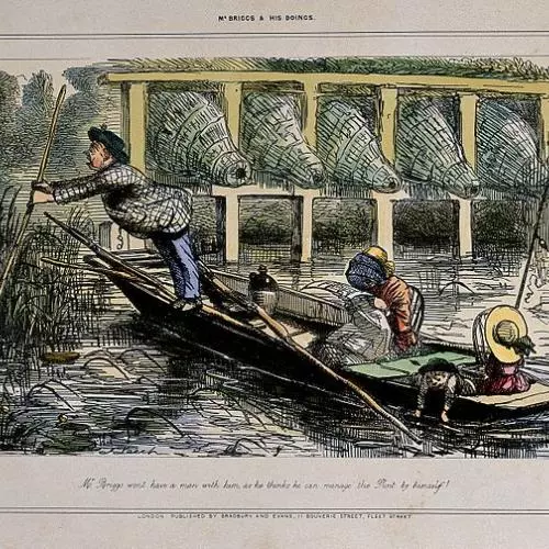 a man is punting on a river but his pole seems to be stuck wellcome v0040519